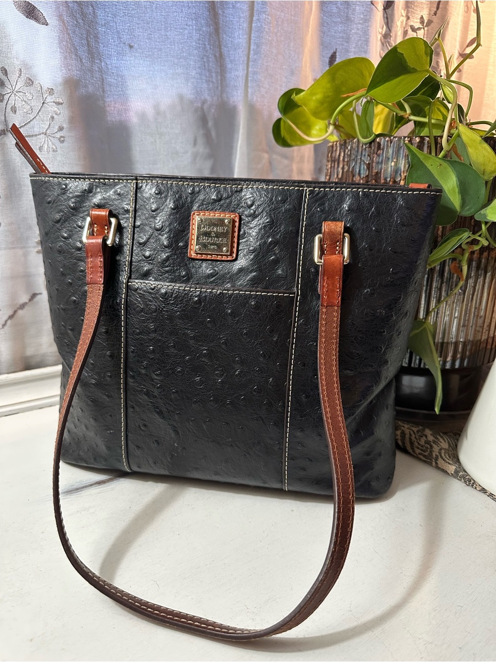 Dooney & Bourke Black Ostrich-Embossed Leather Shoulder Tote with Brown Straps